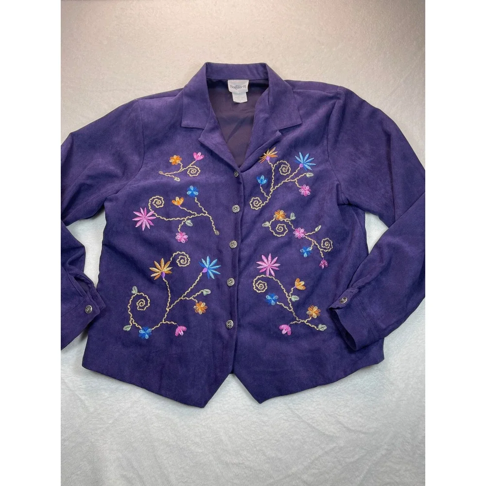 BonWorth Skirt Suit Set M Purple Floral Embroidered Faux Suede VTG Granny‎ Artsy